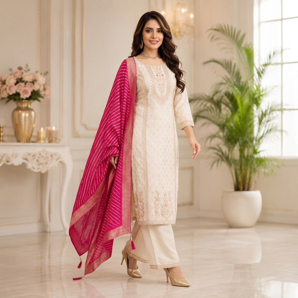 Cream Embroidered Straight Kurta Palazzo Set with Pink Dupatta