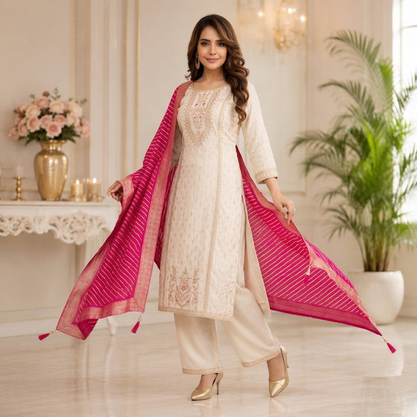 Cream Embroidered Straight Kurta Palazzo Set with Pink Dupatta