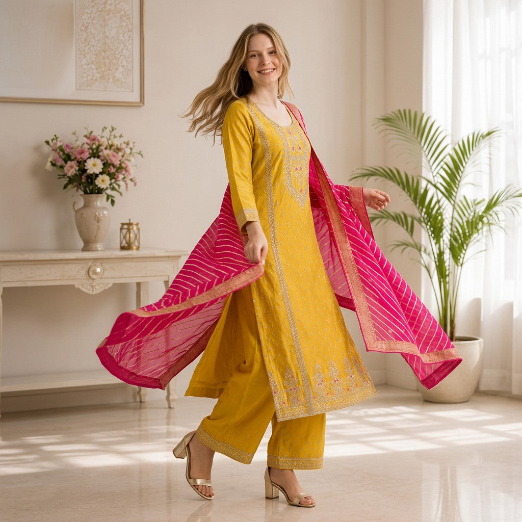 Mustard Yellow Embroidered Straight Kurta Set with Pink Leheriya Dupatta