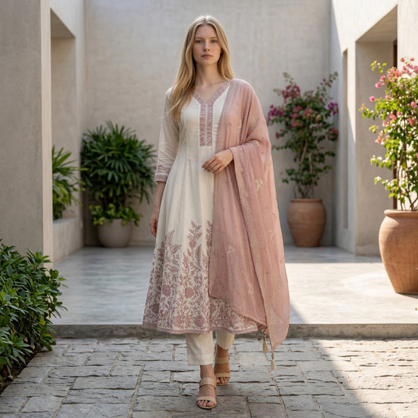 Ivory Embroidered Anarkali Suit Set with Blush Pink Dupatta