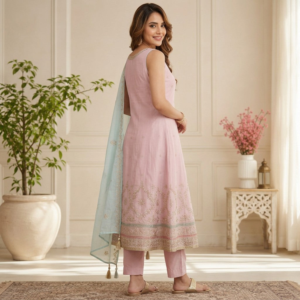 Pastel Pink Embroidered Anarkali Suit Set with Mint Green Dupatta