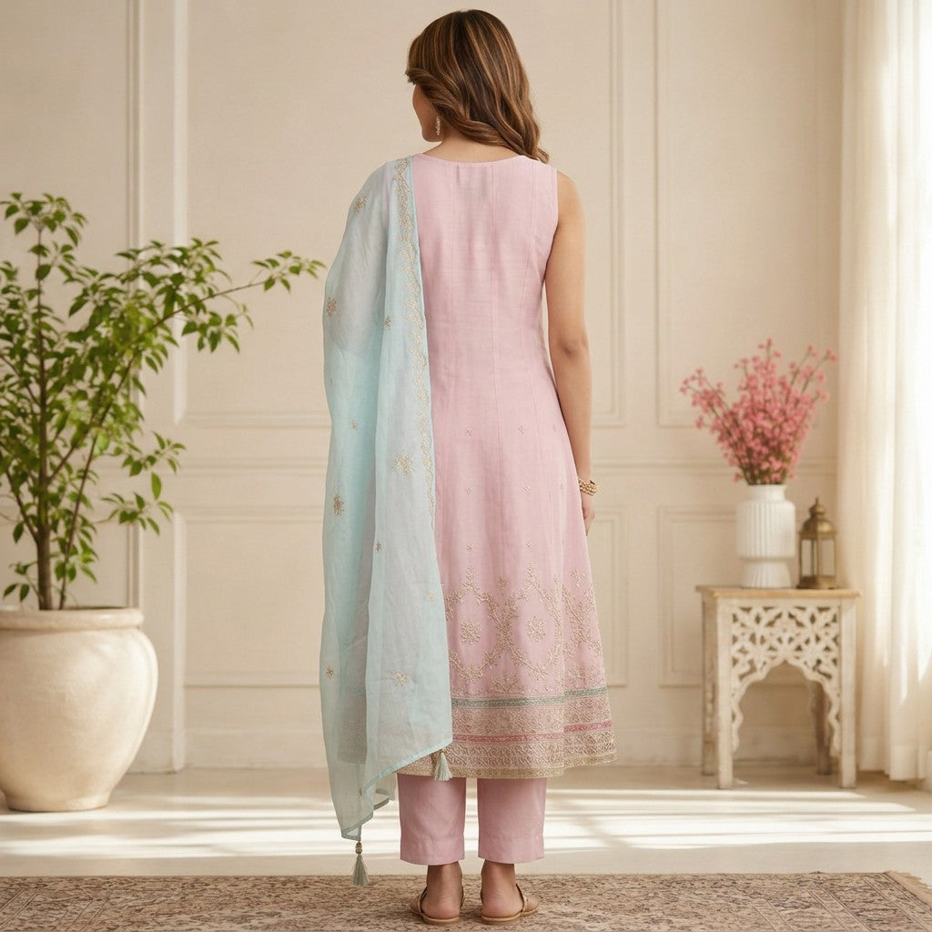 Pastel Pink Embroidered Anarkali Suit Set with Mint Green Dupatta