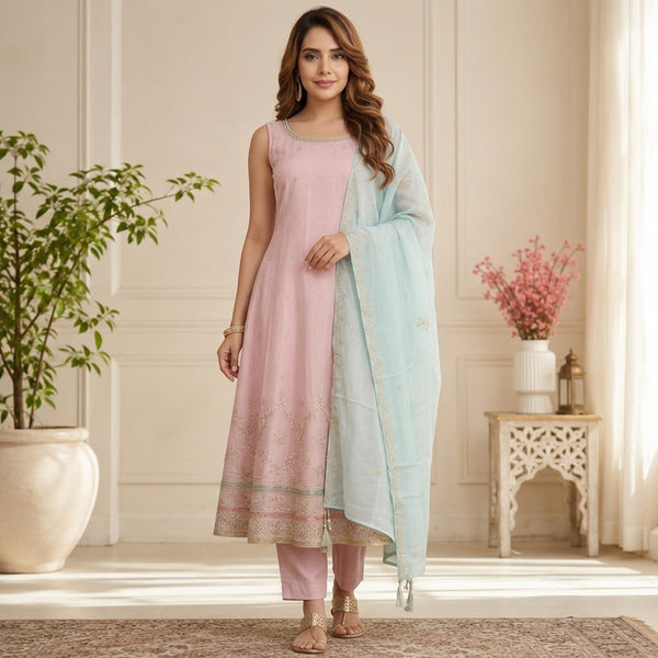Pastel Pink Embroidered Anarkali Suit Set with Mint Green Dupatta