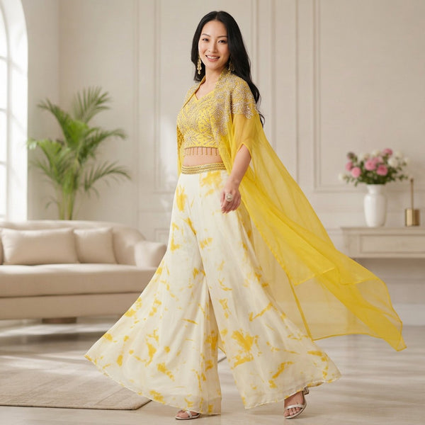 Yellow Embroidered Crop Top with Printed Palazzo and Sheer Cape Set