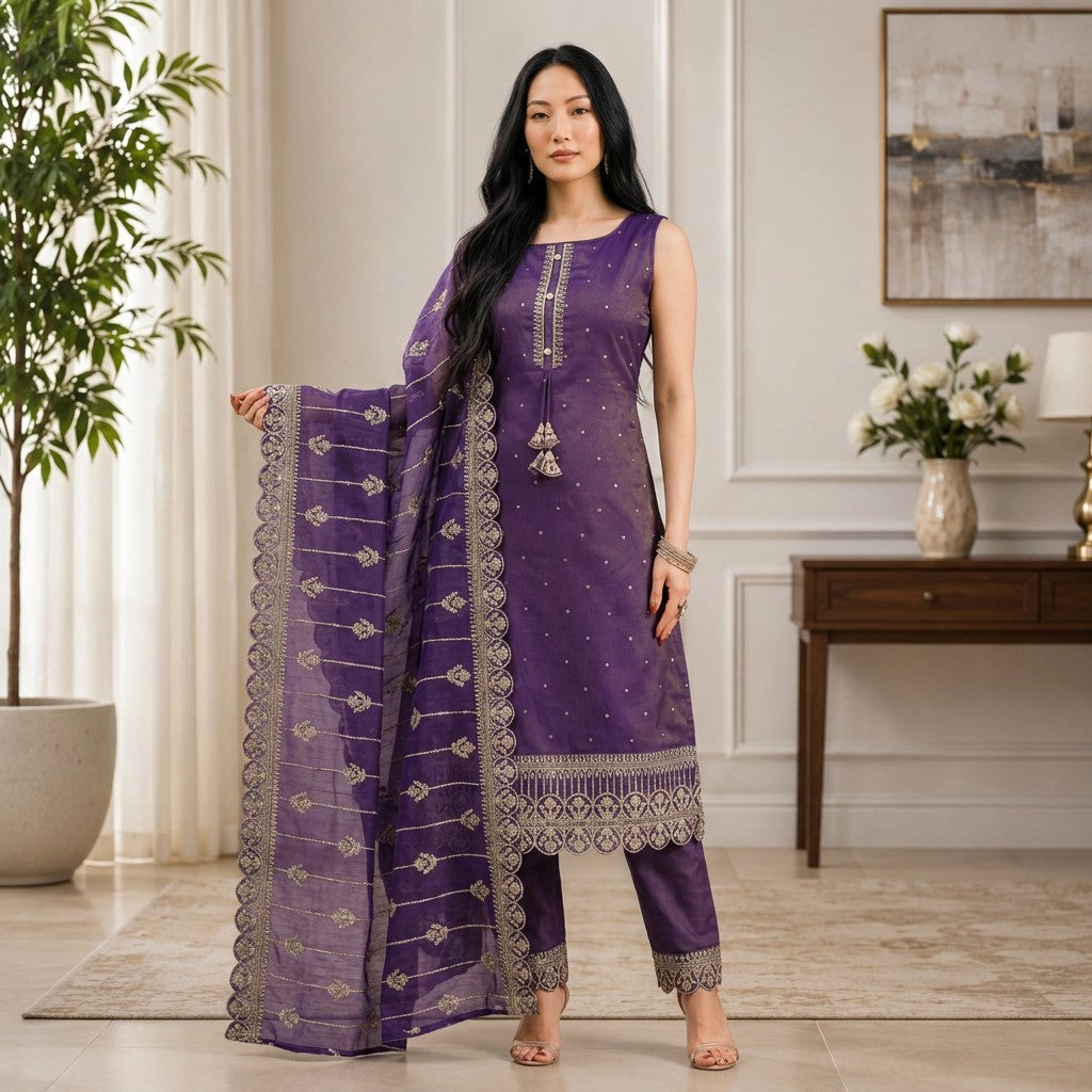 Royal Purple Embroidered Straight Kurta Set with Woven Dupatta