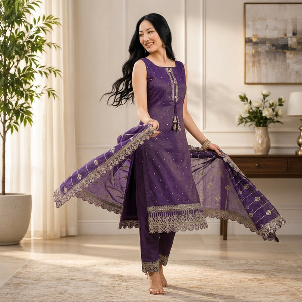 Royal Purple Embroidered Straight Kurta Set with Woven Dupatta
