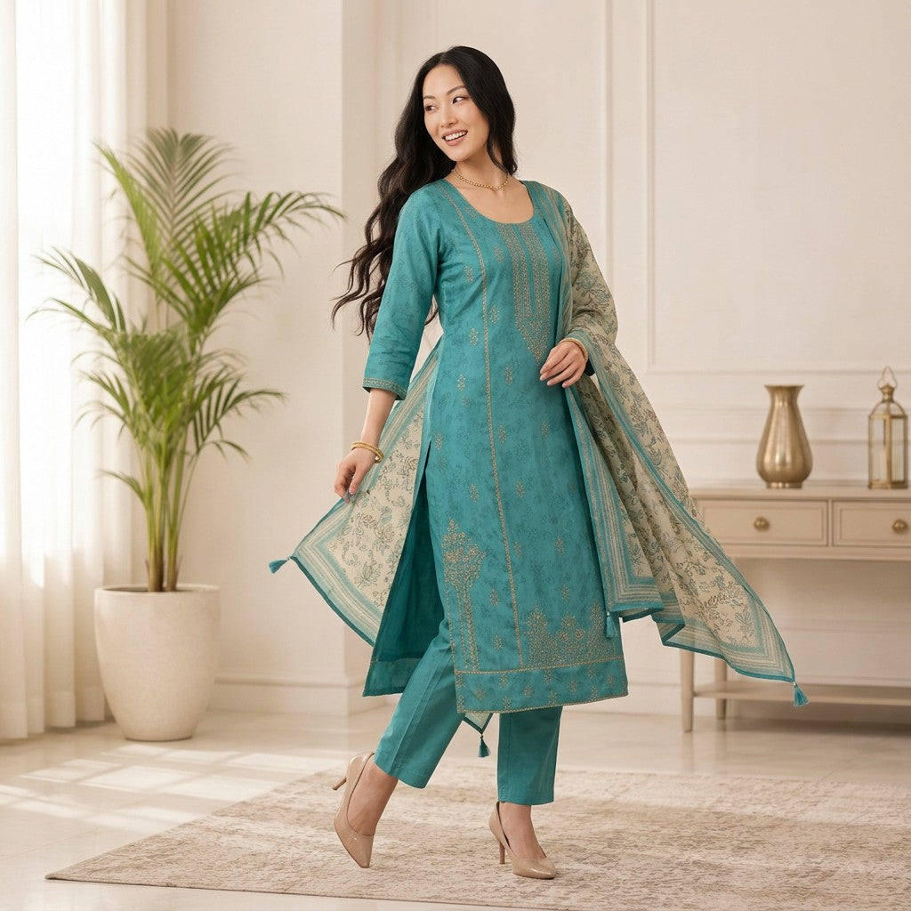 Teal Blue Embroidered Straight Kurta Set with Floral Printed Dupatta