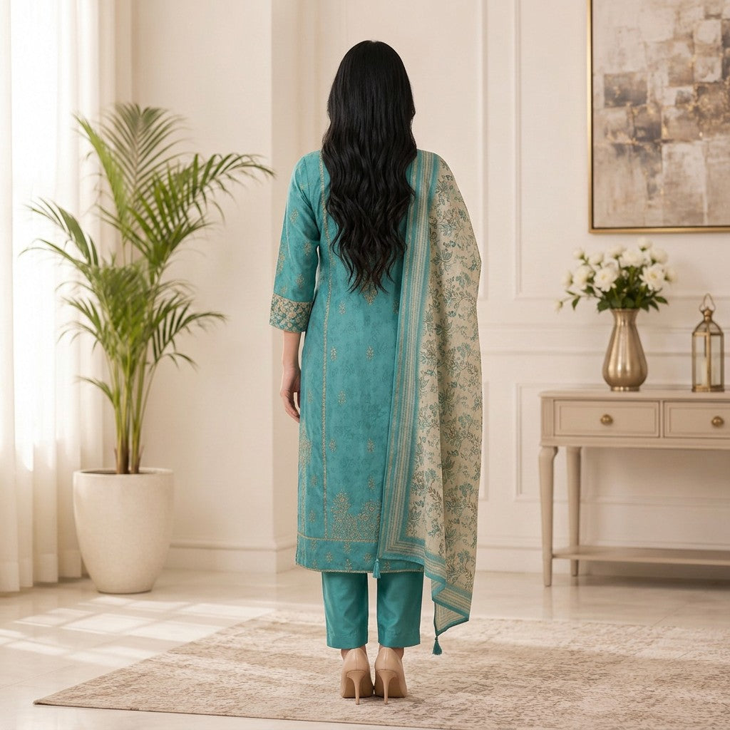 Teal Blue Embroidered Straight Kurta Set with Floral Printed Dupatta