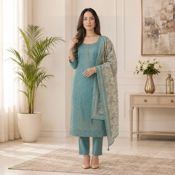 Teal Blue Embroidered Straight Kurta Set with Floral Printed Dupatta