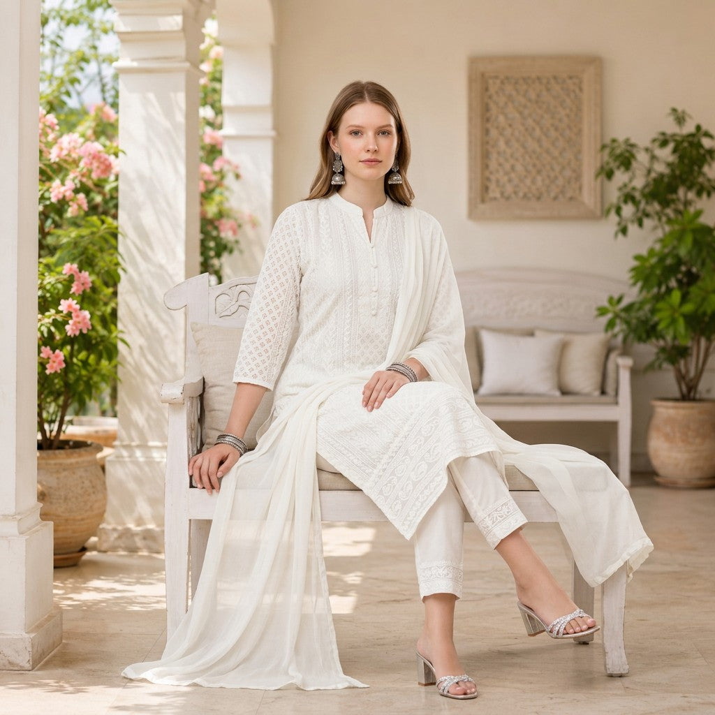 Elegant White Embroidered Straight Kurta Set with Matching Dupatta