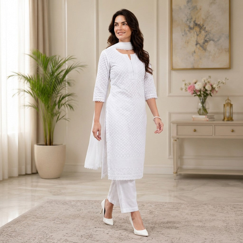 Elegant White Embroidered Straight Kurta Set with Chiffon Dupatta