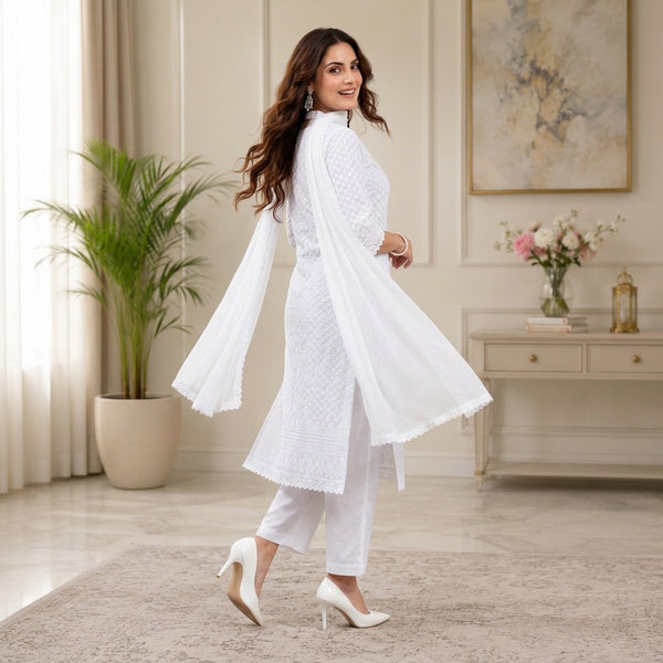 Elegant White Embroidered Straight Kurta Set with Chiffon Dupatta