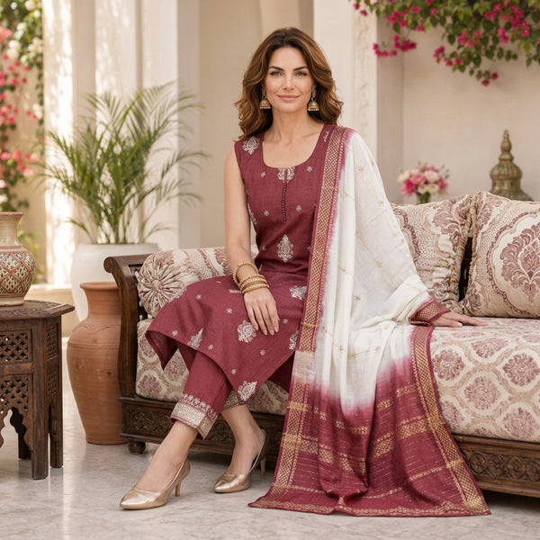 Wine Embroidered Straight Kurta Set with Dual-Tone Woven Dupatta