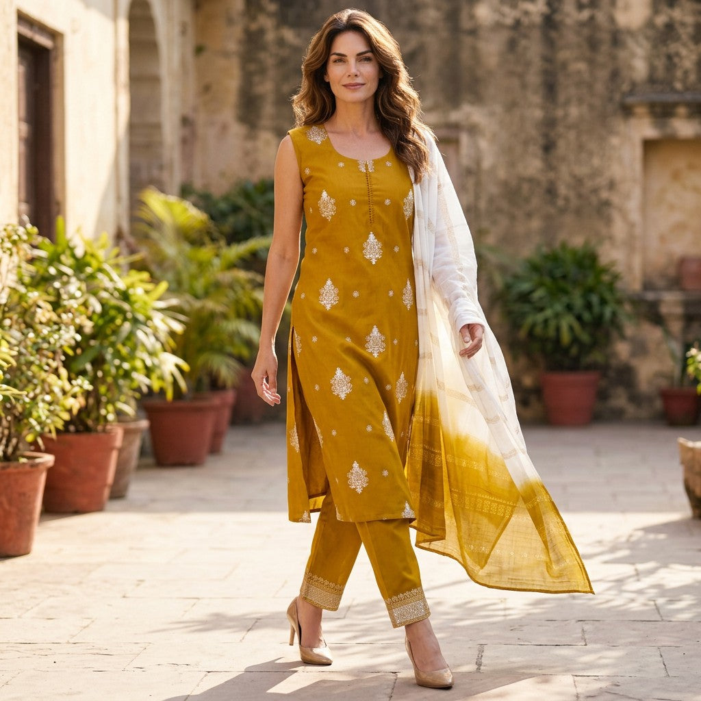 Mustard Yellow Embroidered Straight Kurta Set with Dual-Tone Woven Dupatta