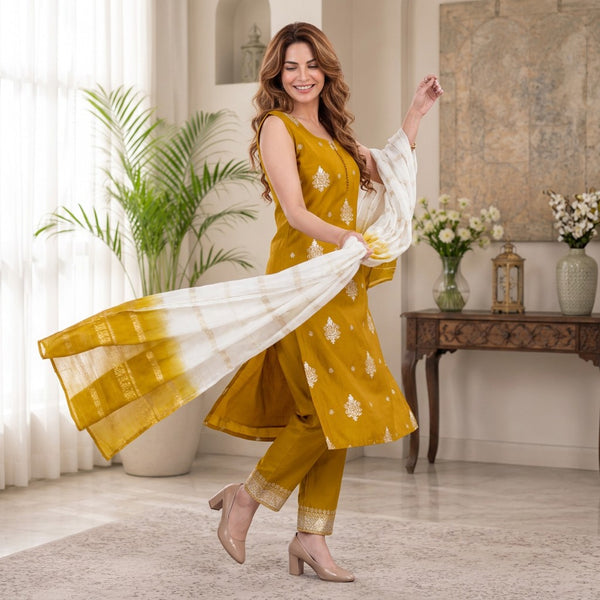 Mustard Yellow Embroidered Straight Kurta Set with Dual-Tone Woven Dupatta