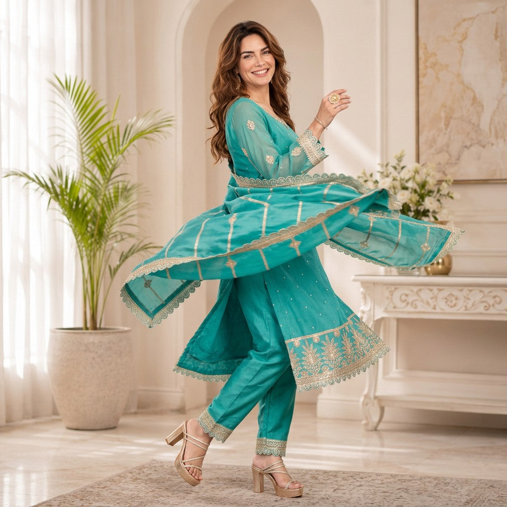 Turquoise Blue Embroidered Straight Kurta Set with Designer Dupatta