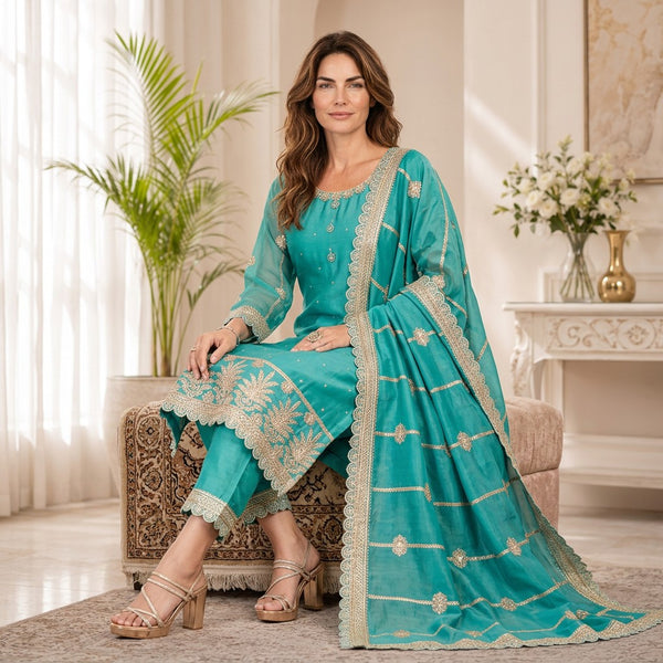 Turquoise Blue Embroidered Straight Kurta Set with Designer Dupatta
