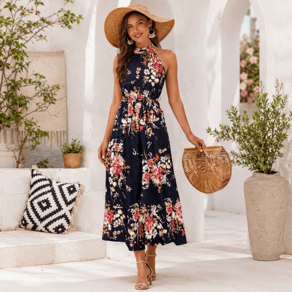 Midnight Navy Floral Halter Neck Maxi Dress