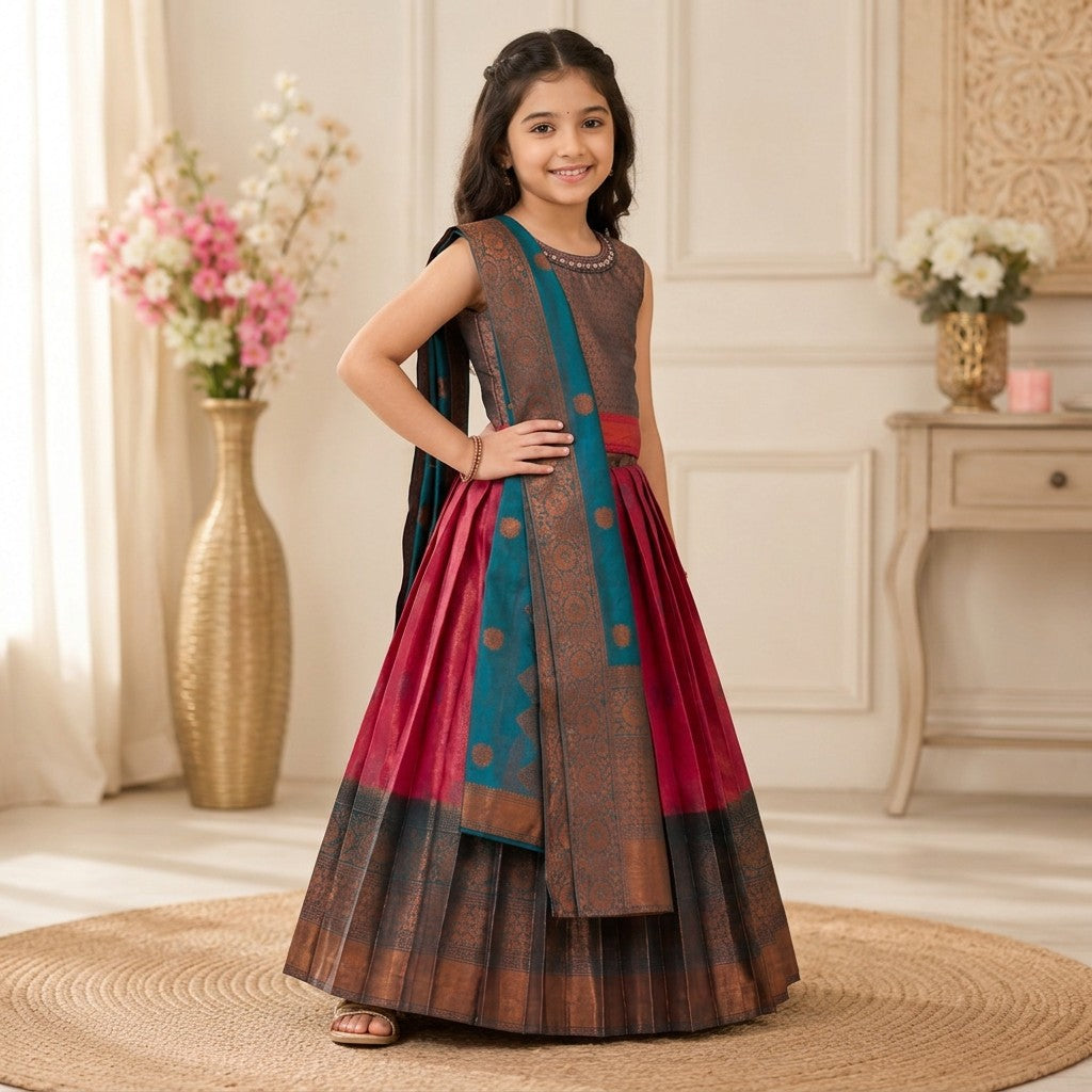Kids Maroon & Teal Traditional Lehenga Set with Rich Zari Border