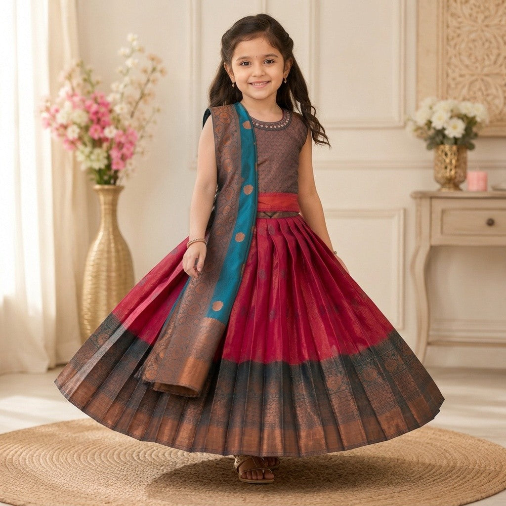 Kids Maroon & Teal Traditional Lehenga Set with Rich Zari Border