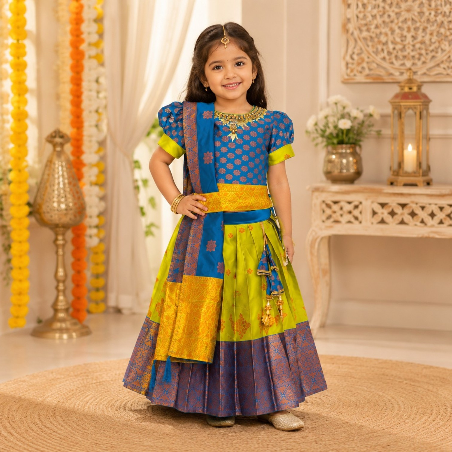 Kids Royal Blue & Lime Green Traditional Lehenga Set with Zari Dupatta