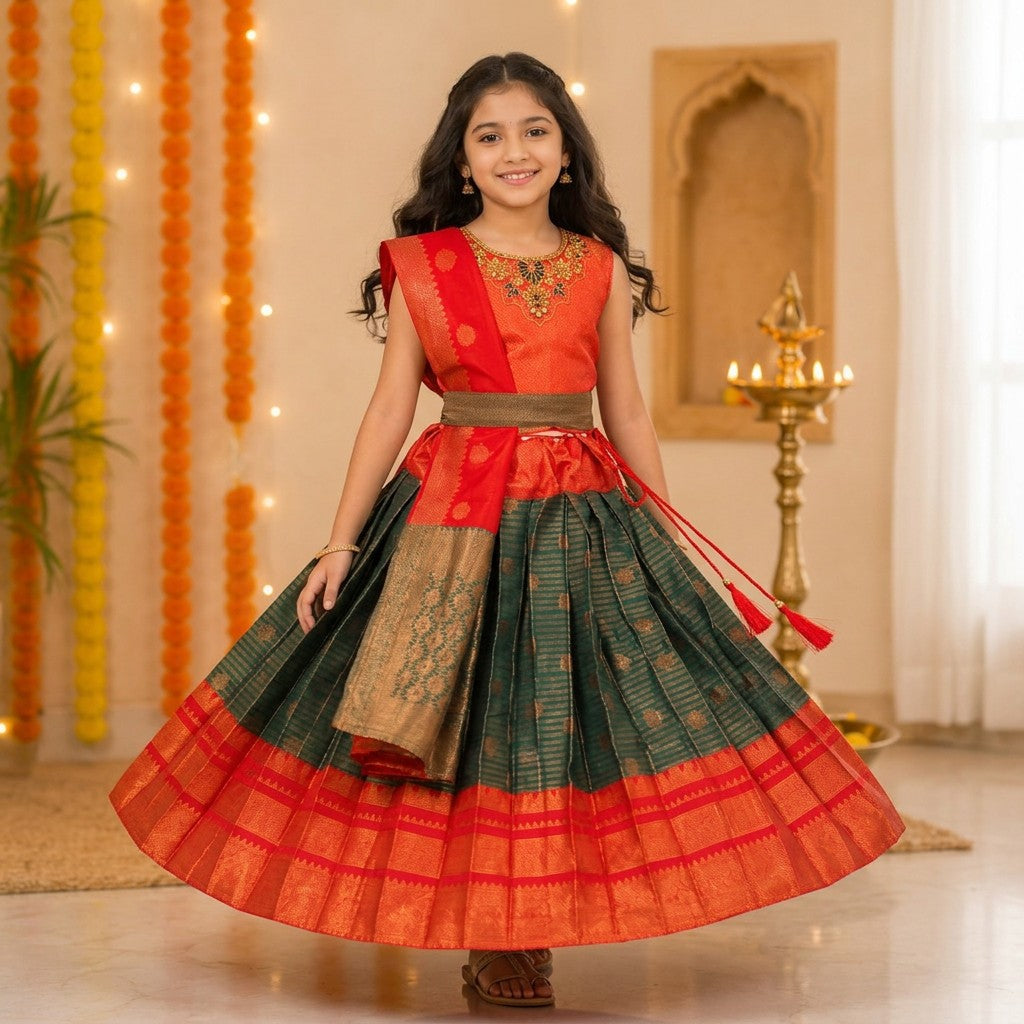 Kids Traditional Pattu Lehenga Set in Red & Bottle Green with Rich Zari Border