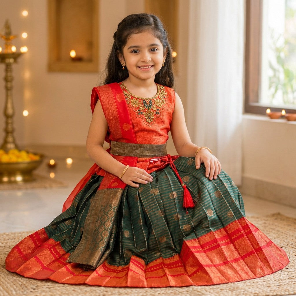 Kids Traditional Pattu Lehenga Set in Red & Bottle Green with Rich Zari Border