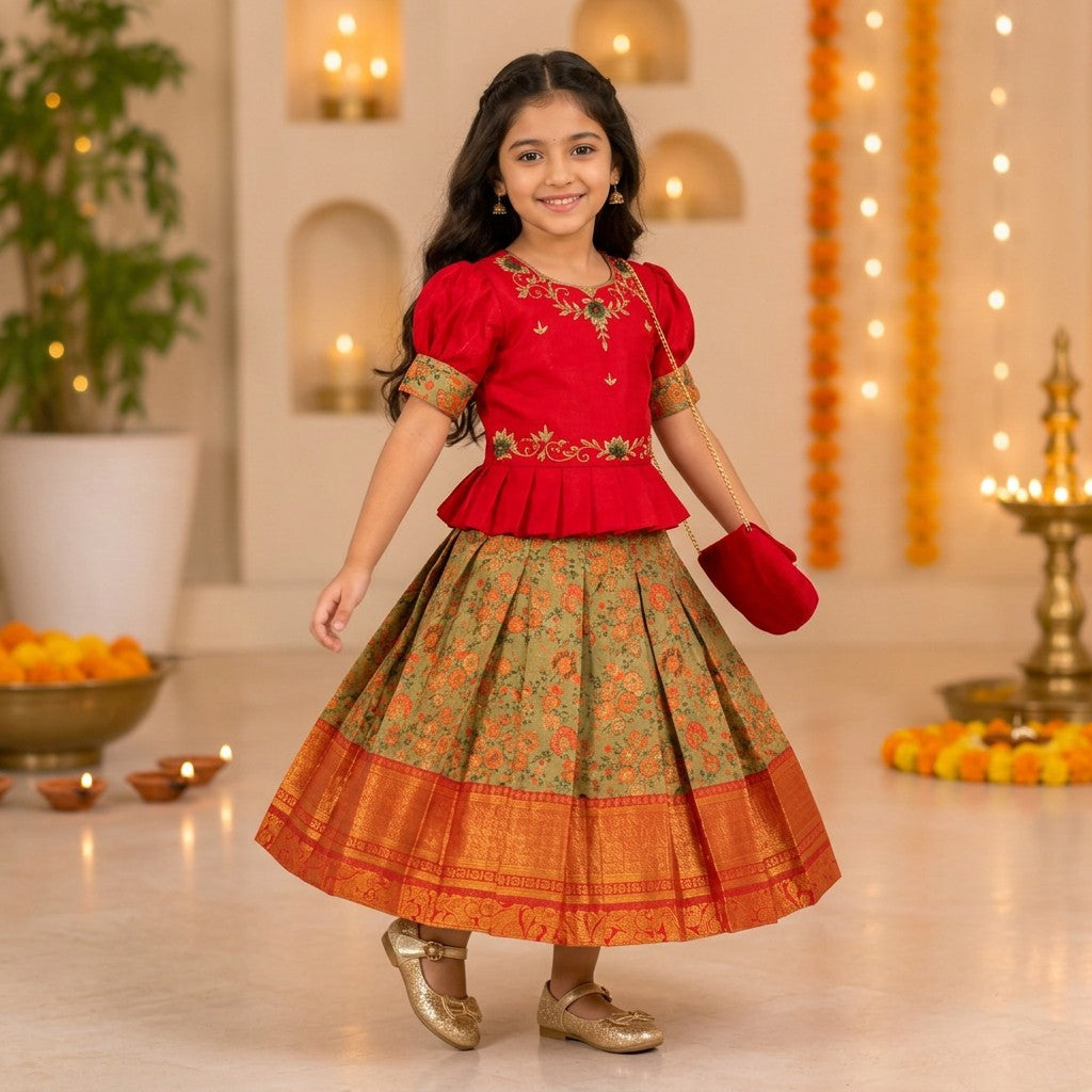Kids Red & Olive Green Traditional Lehenga Set with Floral Woven Skirt