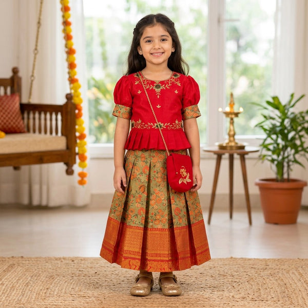 Kids Red & Olive Green Traditional Lehenga Set with Floral Woven Skirt