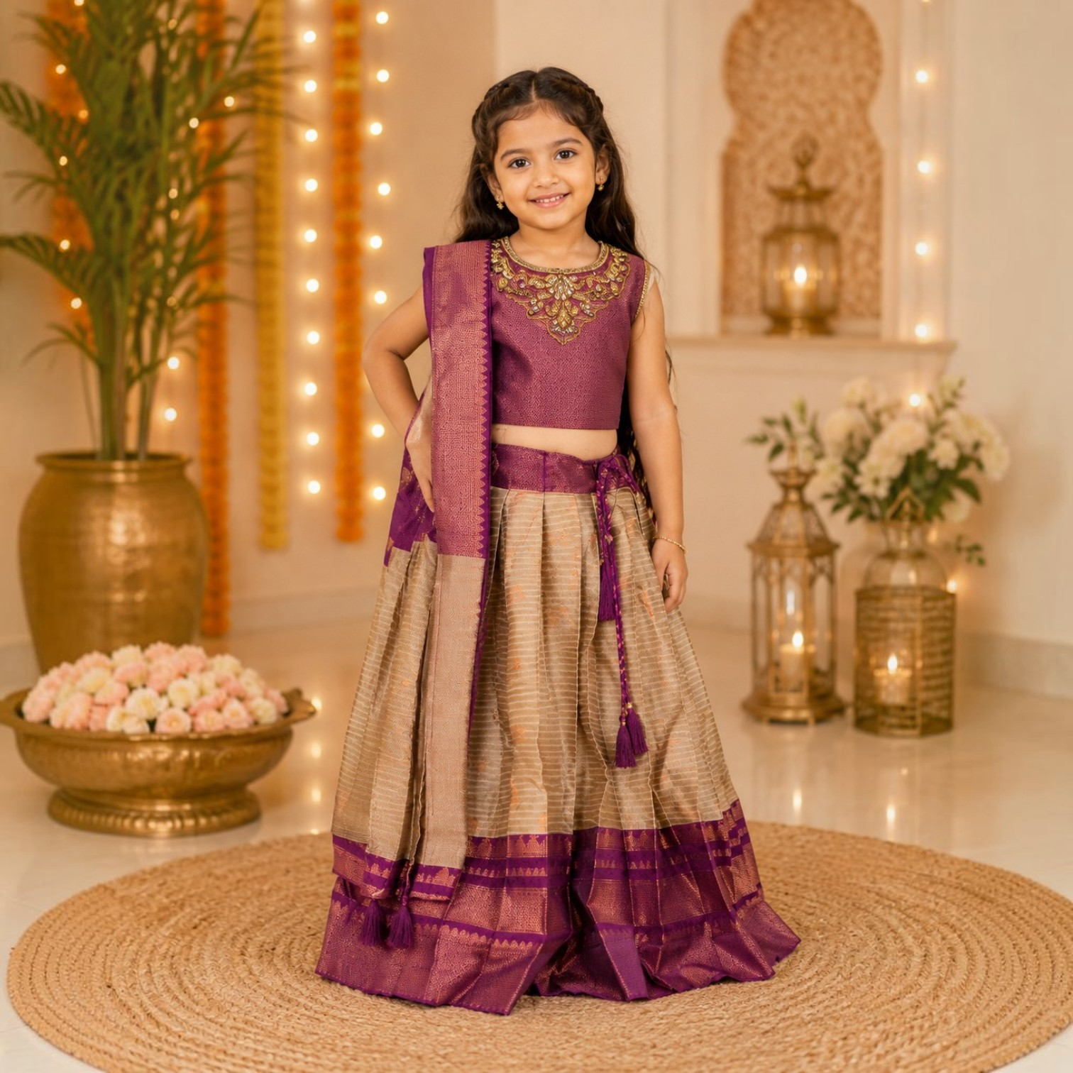 Kids Beige & Purple Traditional Lehenga Set with Zari Border