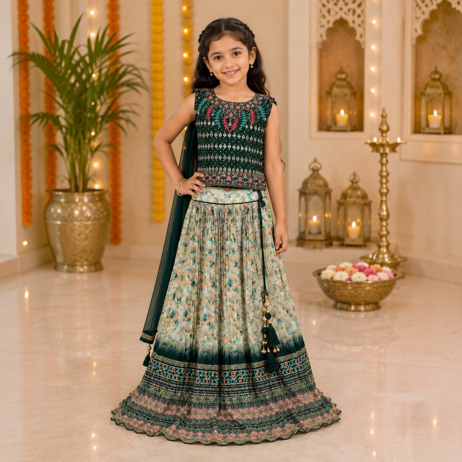 Kids Teal Green & Ivory Floral Traditional Lehenga Set with Embroidered Blouse