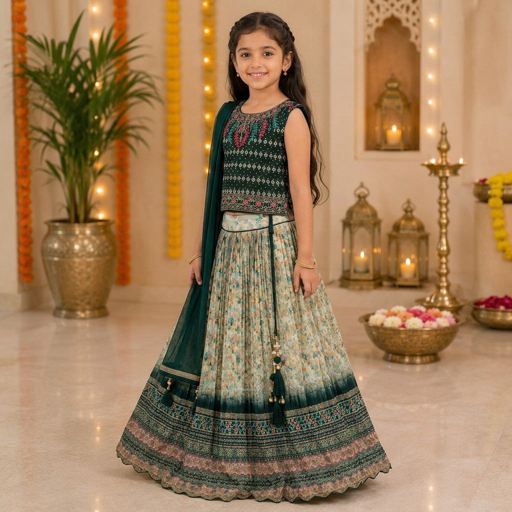 Kids Teal Green & Ivory Floral Traditional Lehenga Set with Embroidered Blouse