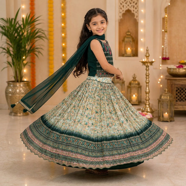 Kids Teal Green & Ivory Floral Traditional Lehenga Set with Embroidered Blouse