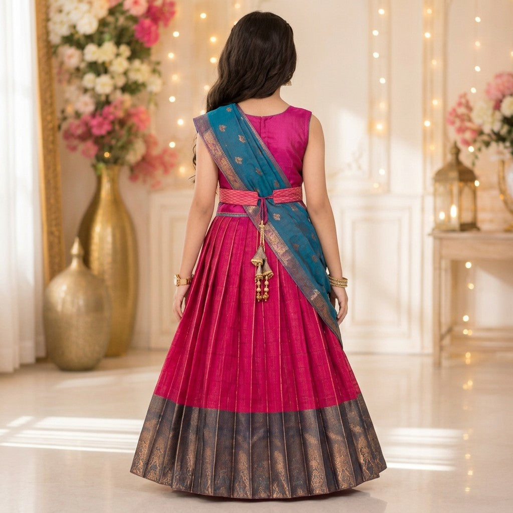 Kids Teal Blue & Rani Pink Traditional Lehenga Set with Zari Dupatta