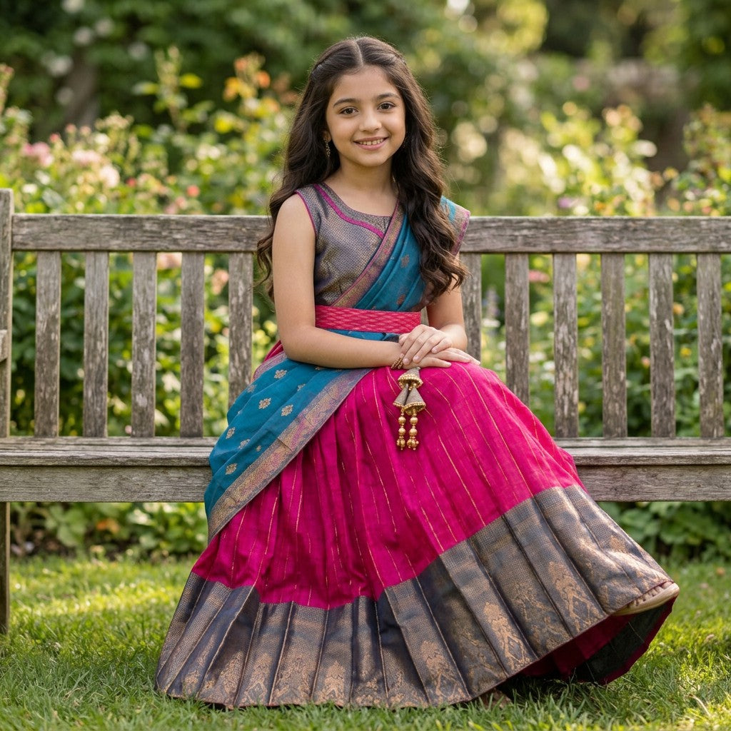 Kids Teal Blue & Rani Pink Traditional Lehenga Set with Zari Dupatta