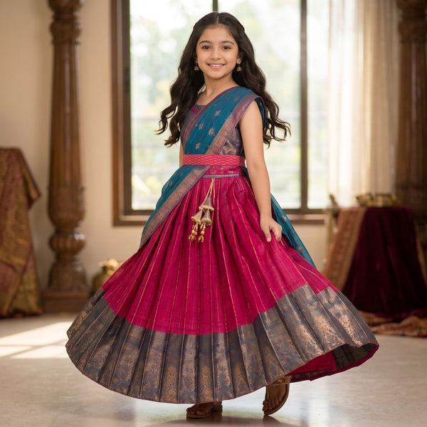 Kids Teal Blue & Rani Pink Traditional Lehenga Set with Zari Dupatta