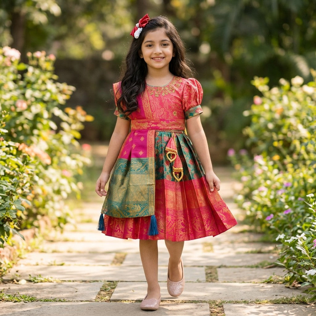 Kids Pink & Emerald Green Traditional Silk Frock with Zari Dupatta