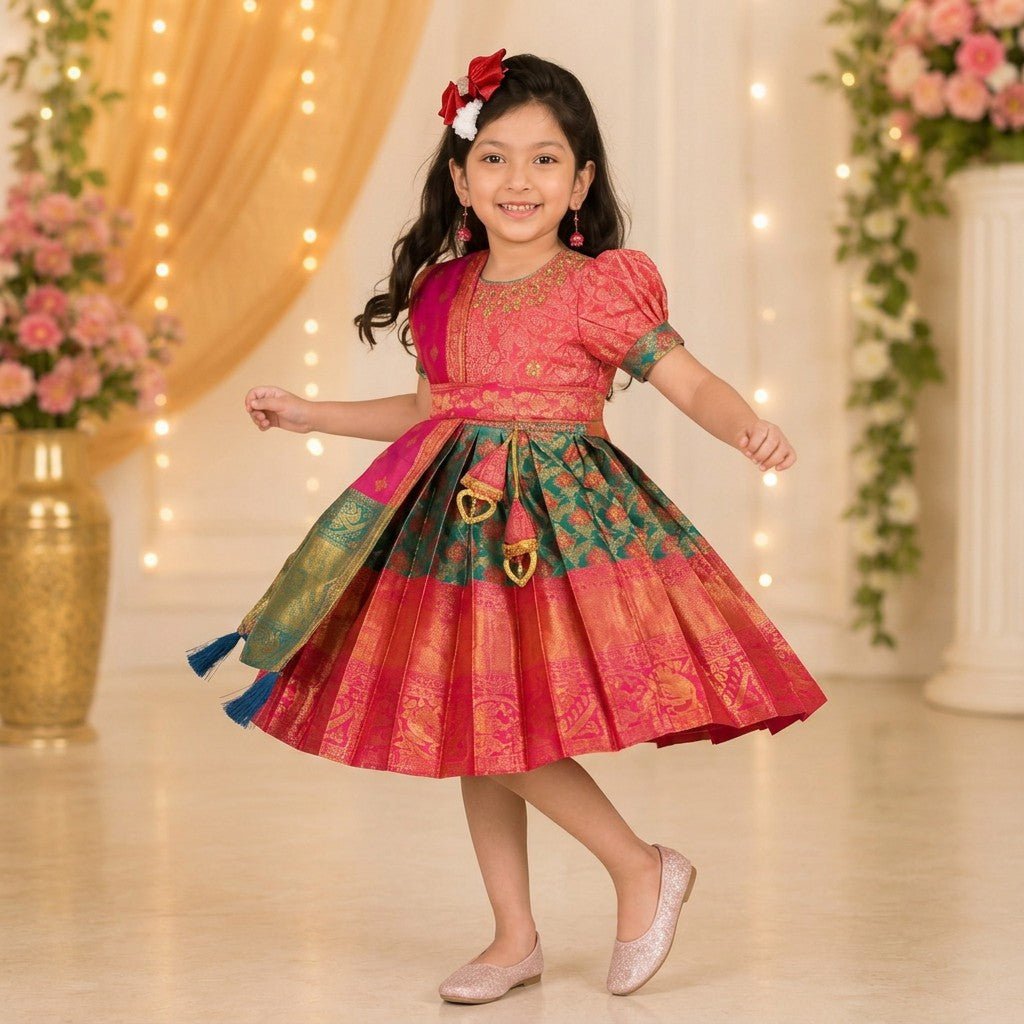 Kids Pink & Emerald Green Traditional Silk Frock with Zari Dupatta