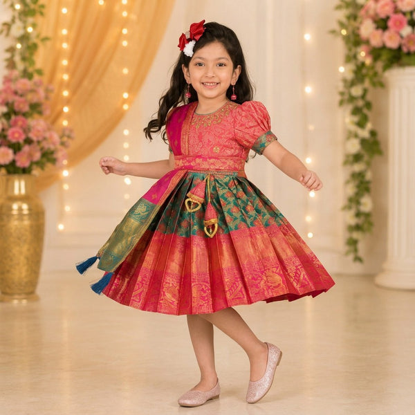 Kids Pink & Emerald Green Traditional Silk Frock with Zari Dupatta