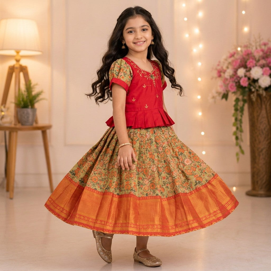 Kids Red Floral Traditional Silk Frock with Zari Border