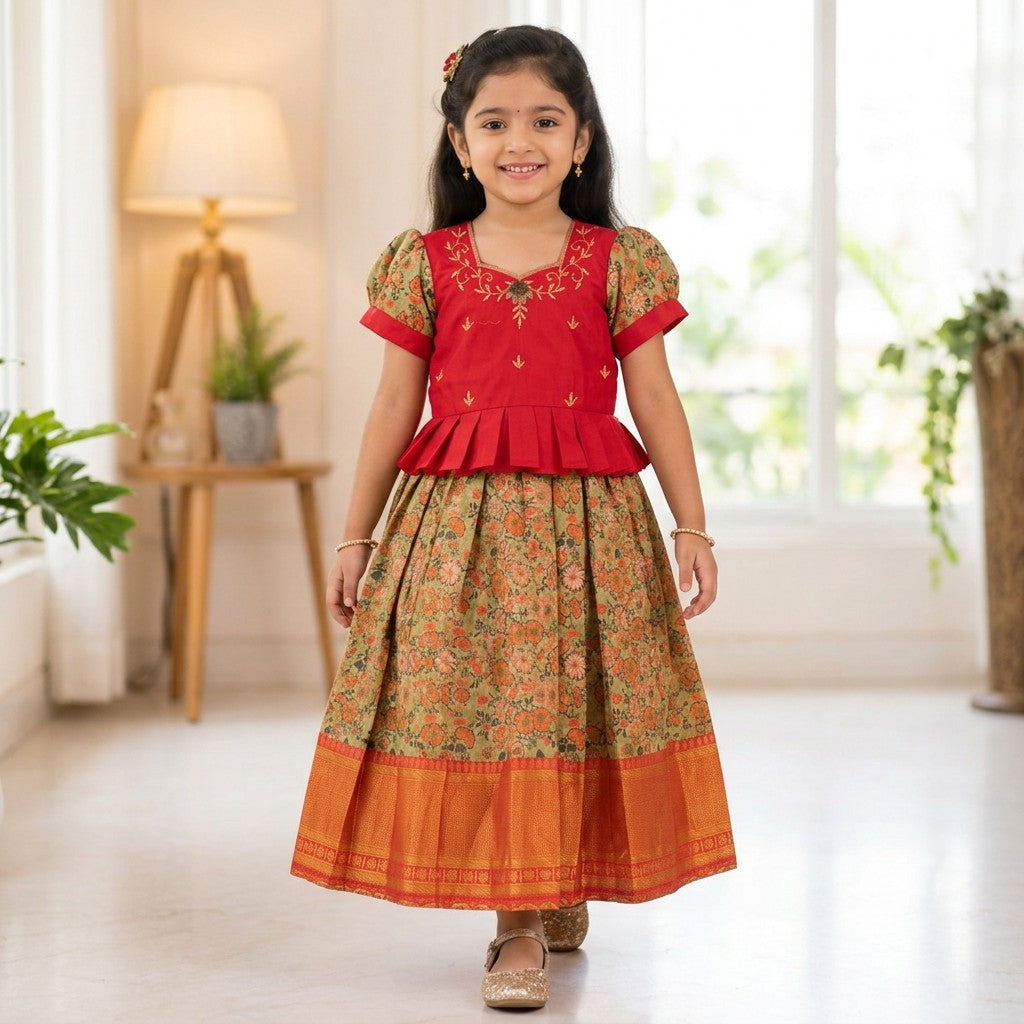 Kids Red Floral Traditional Silk Frock with Zari Border