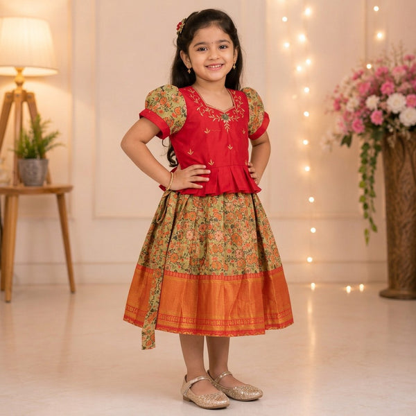 Kids Red Floral Traditional Silk Frock with Zari Border