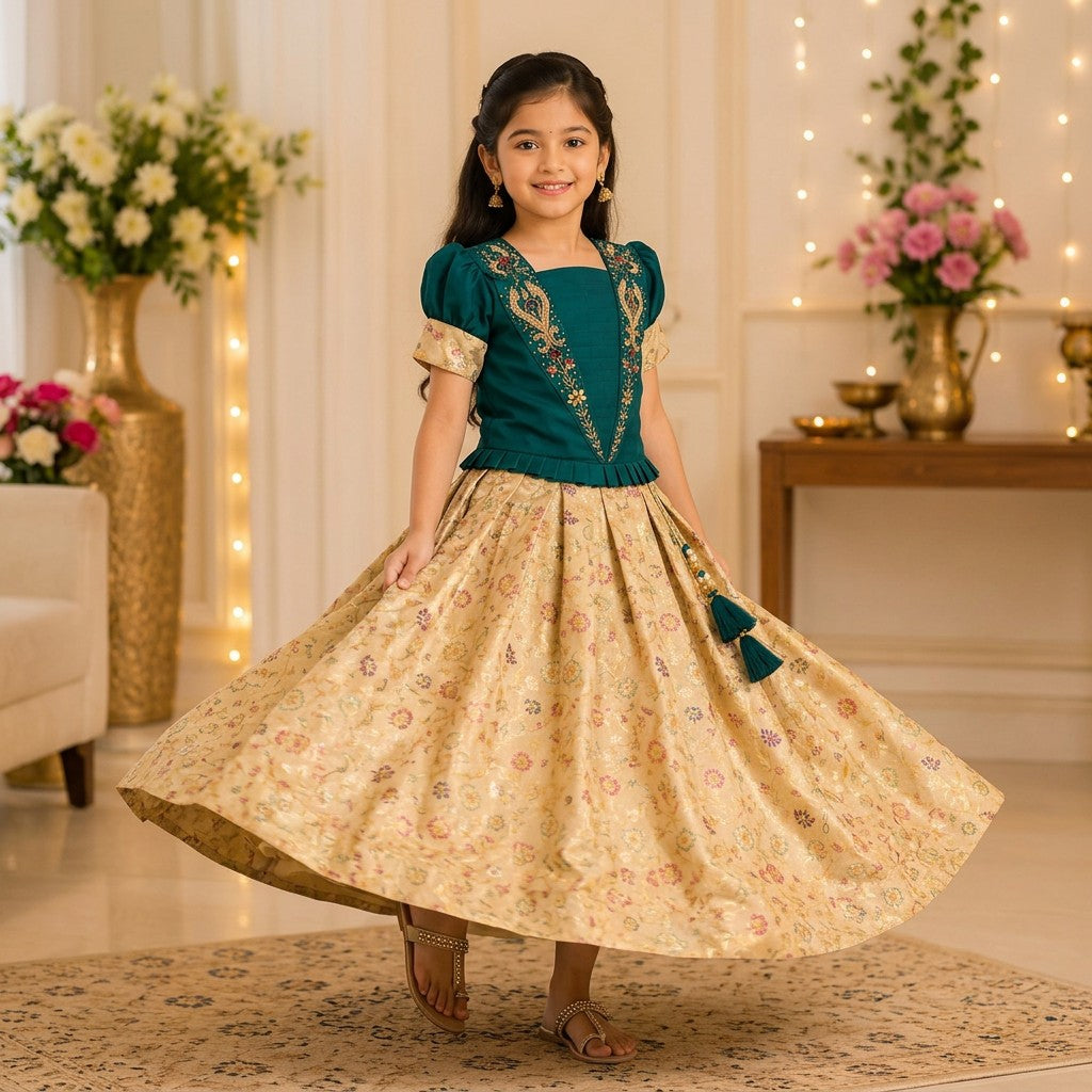 Kids Teal Green & Beige Floral Traditional Lehenga Set with Embroidered Blouse