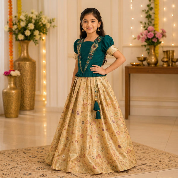 Kids Teal Green & Beige Floral Traditional Lehenga Set with Embroidered Blouse