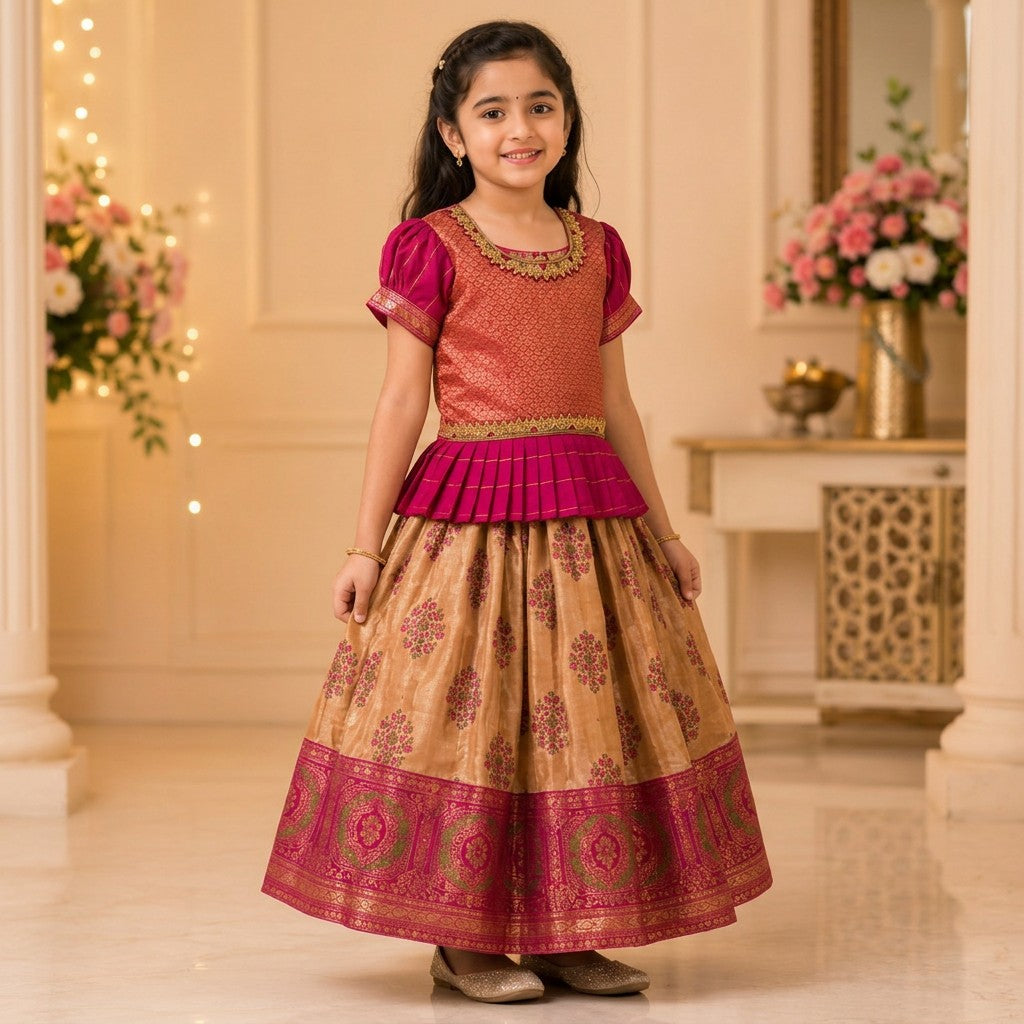 Kids Pink & Gold Brocade Party Wear Dress with Floral Woven Skirt