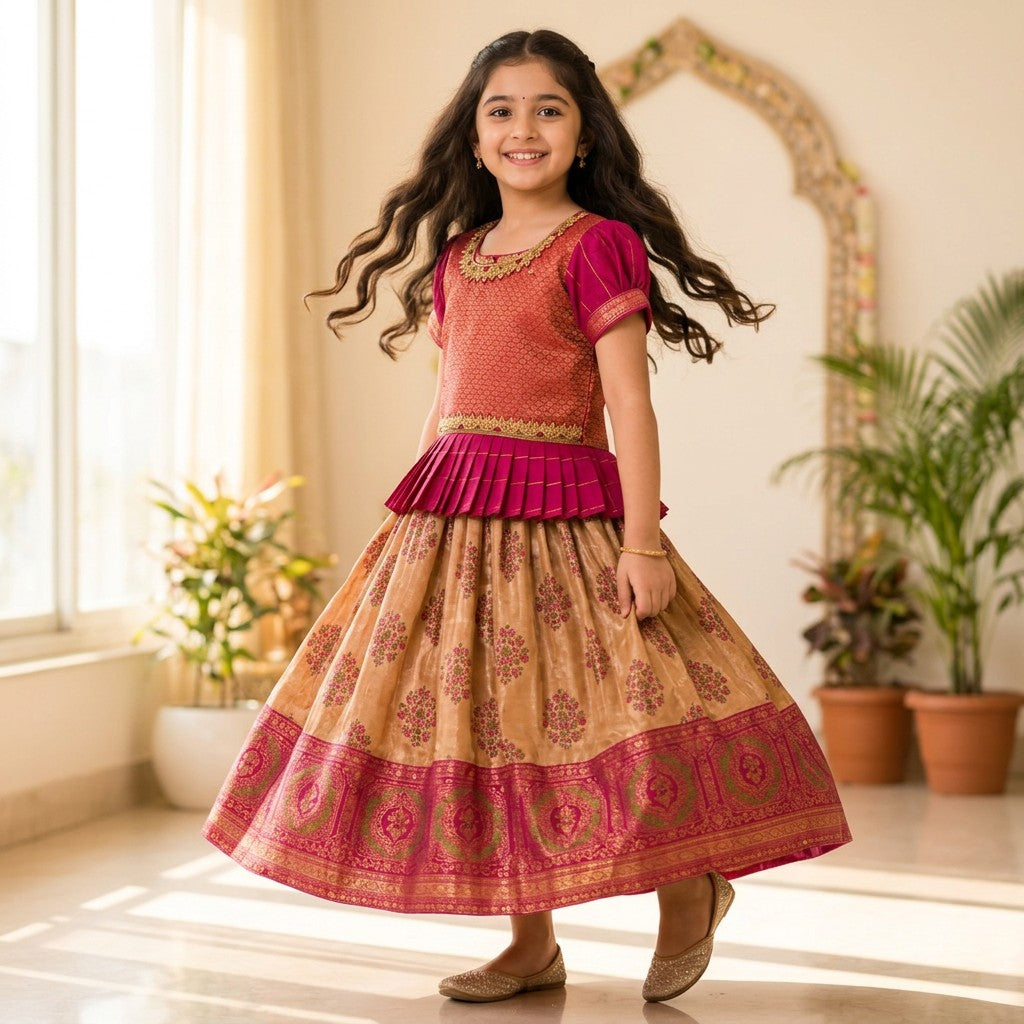 Kids Pink & Gold Brocade Party Wear Dress with Floral Woven Skirt