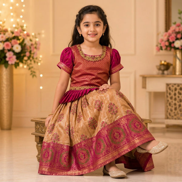 Kids Pink & Gold Brocade Party Wear Dress with Floral Woven Skirt
