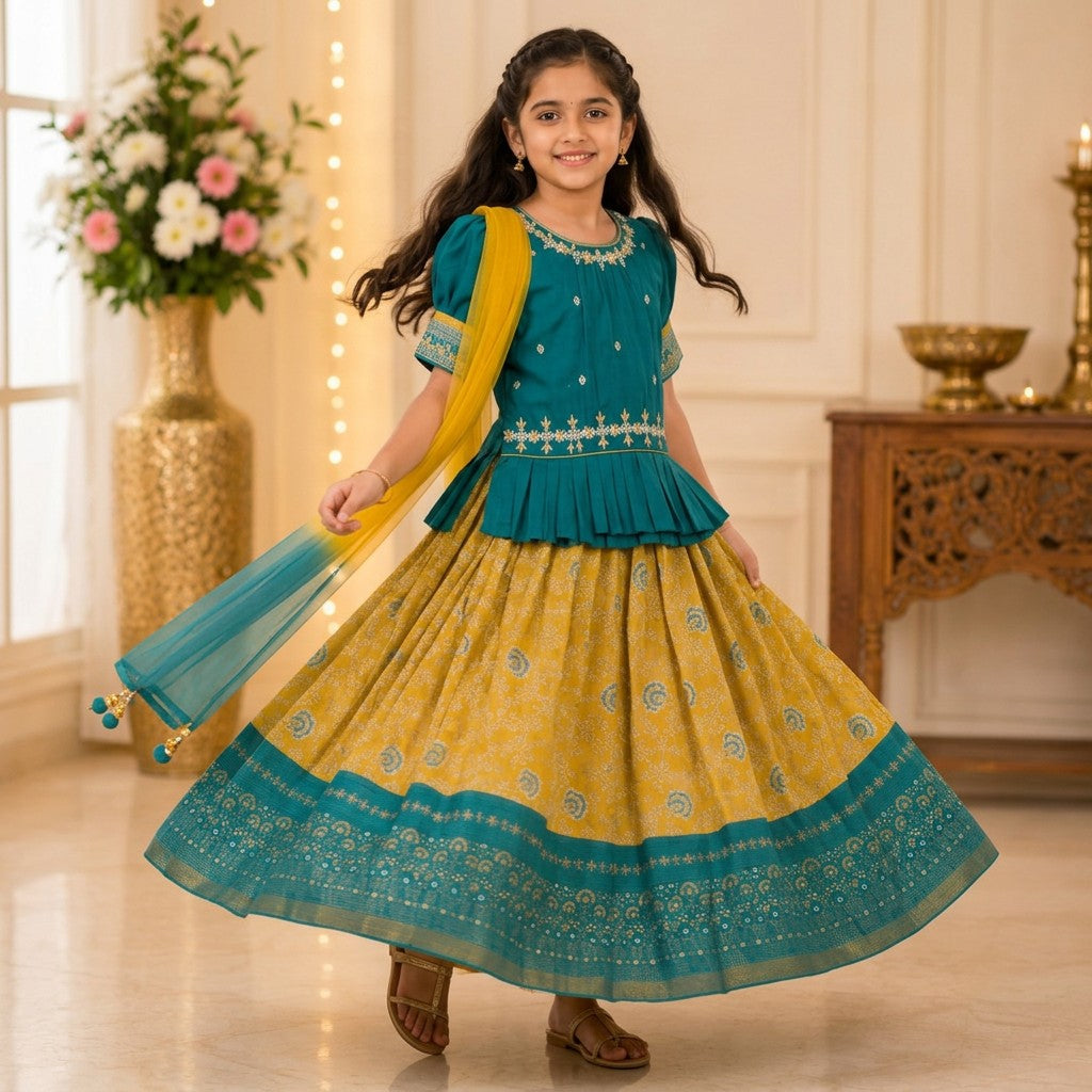 Kids Teal Blue & Mustard Yellow Embroidered Lehenga Set with Dupatta