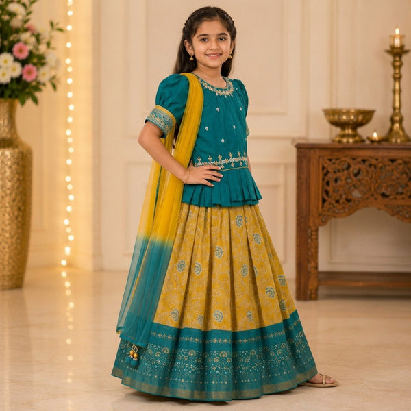 Kids Teal Blue & Mustard Yellow Embroidered Lehenga Set with Dupatta