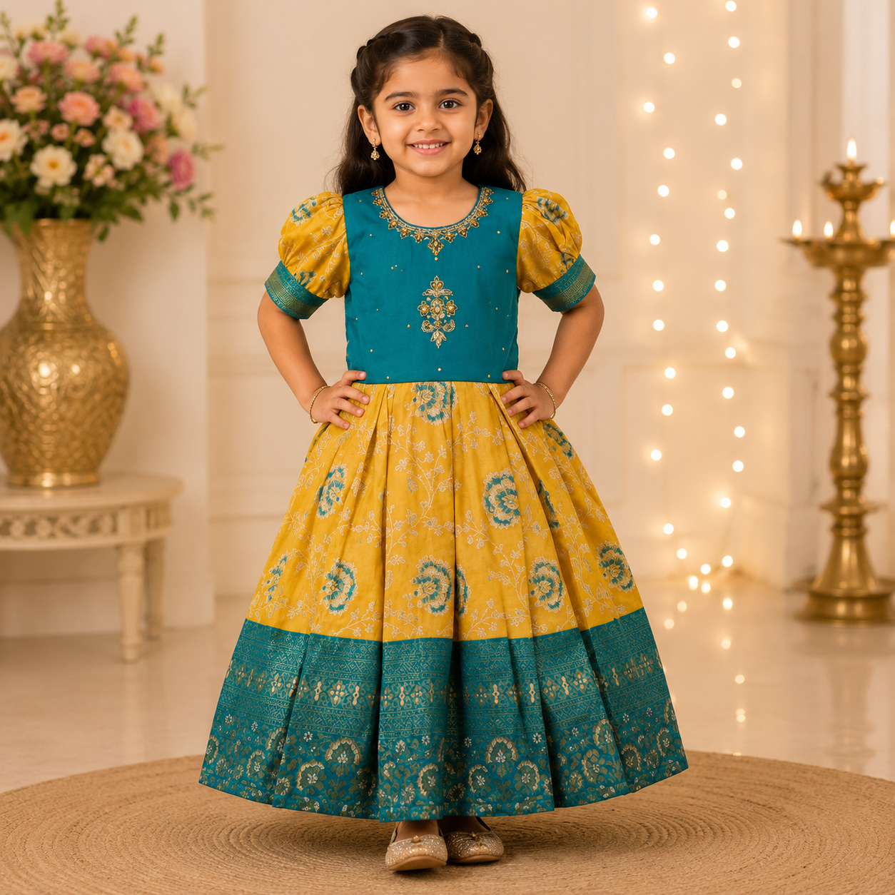 Kids Teal Blue & Mustard Yellow Brocade Party Wear Dress with Puff Sleeves